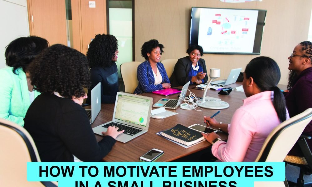 Illustration showing key ways to motivate small business employees: communication, goals, recognition, flexibility, and growth.