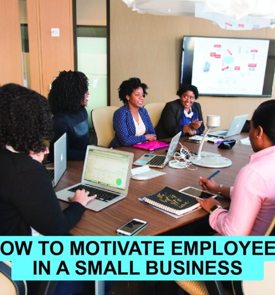 Illustration showing key ways to motivate small business employees: communication, goals, recognition, flexibility, and growth.