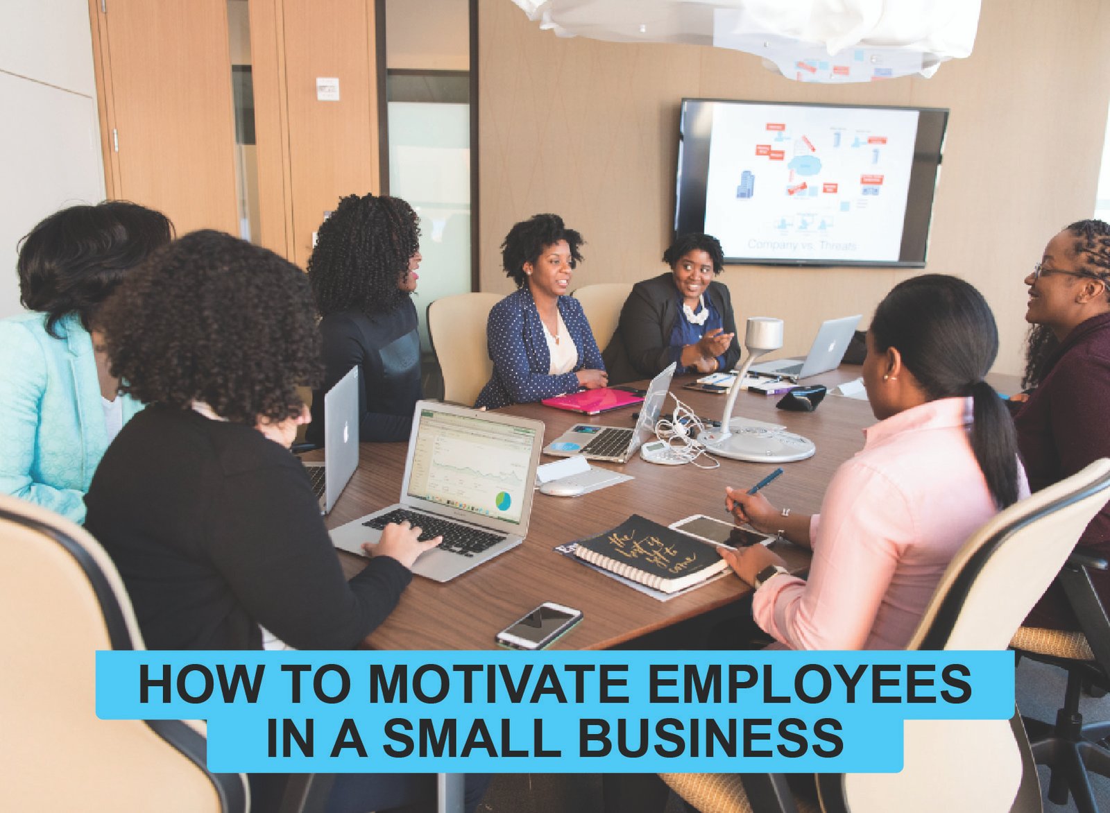 Illustration showing key ways to motivate small business employees: communication, goals, recognition, flexibility, and growth.